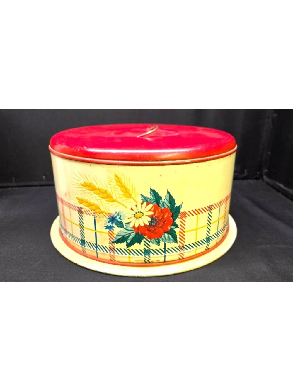 Vintage MCM Tin Cake Carrier w Red Plaid & Floral Design Retro Kitchen Decor